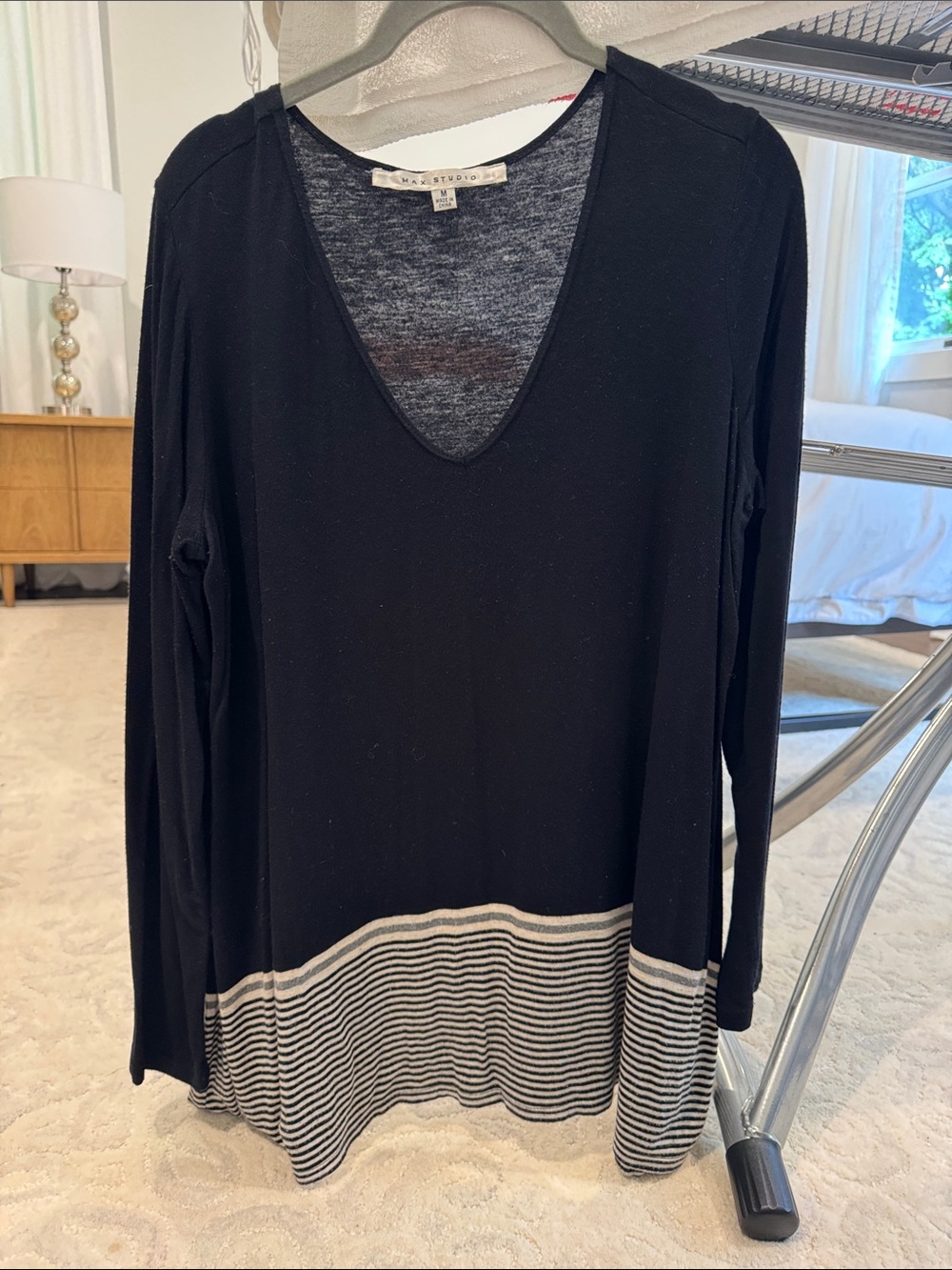 Max Studio Black Long Sleeve V‑Neck Top with Striped Hem